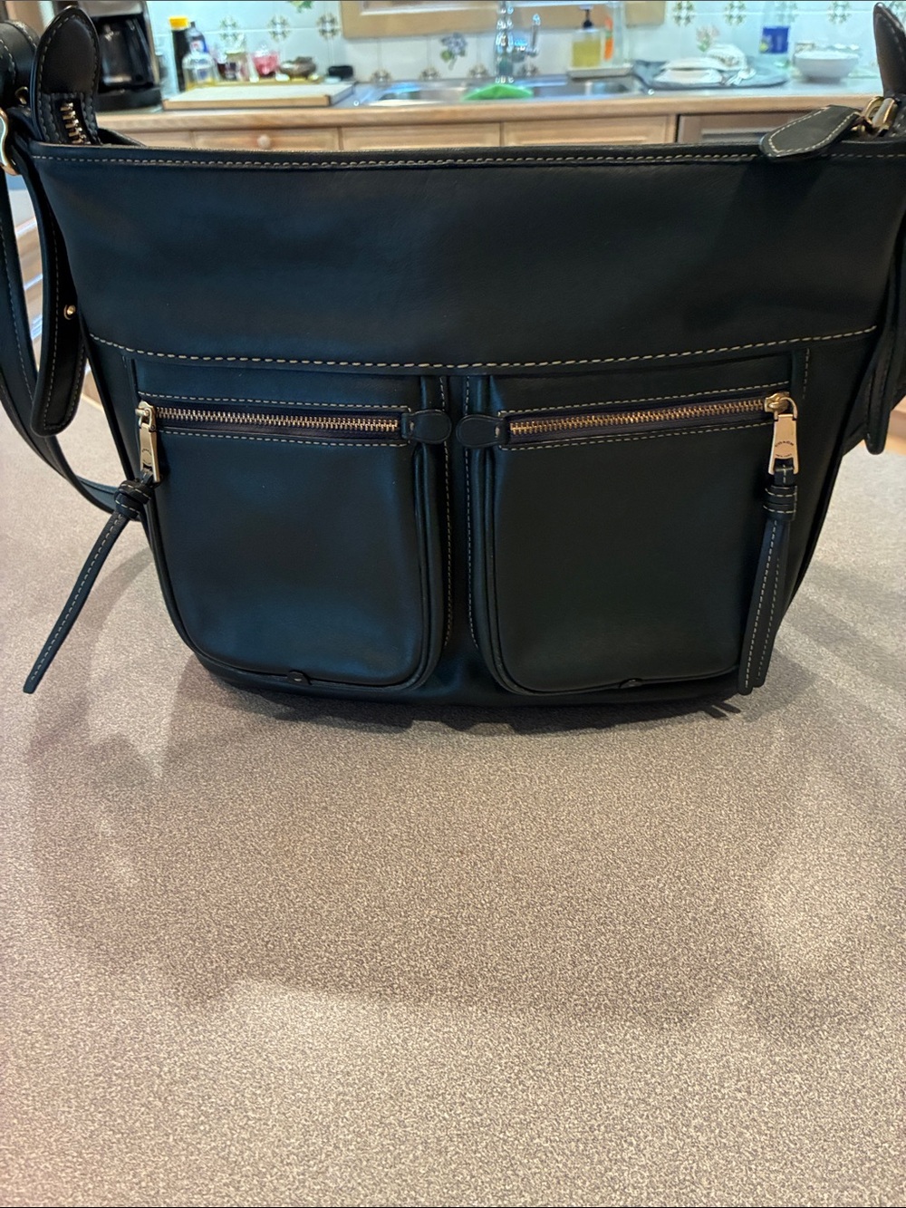Coach Black Leather Crossbody with Dual Zip Front Pockets and Gold Hardware